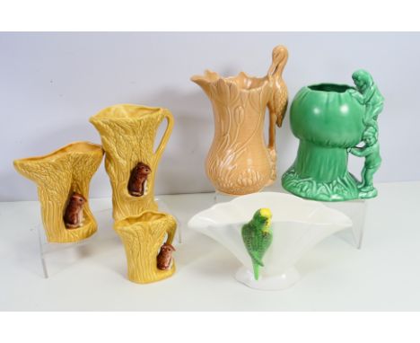 Sylvac - Lot to include a stork handled jug, pixie mushroom vase, fieldmouse jug and vases and a budgerigar vase, largest app