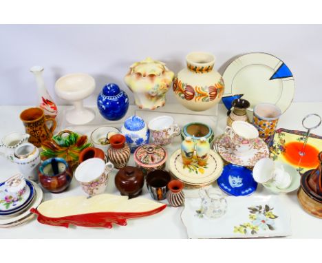 Mixed ceramics and glassware to include Wedgwood, Carlton Ware, Colclough tea wares, Chinese blue and white and other. [W]

N