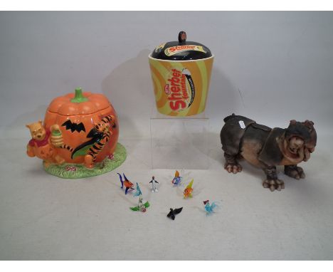 A mixed lot to include a Disney lidded pumpkin, a county artists "Wrinkly Giganticus" a lidded pot advertising Barratt Sherbe