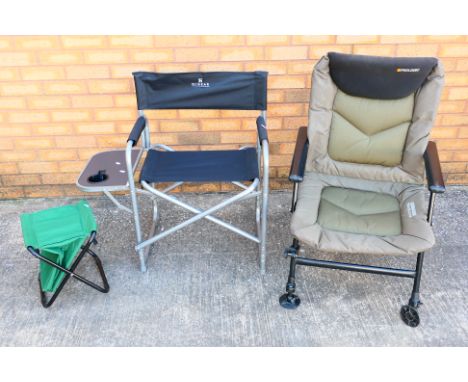 Two folding fishing chairs, one Prologic and one Higear and a stool. [3]. [W]