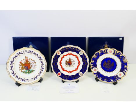 Royal Crown Derby - Three boxed limited edition commemorative plates comprising Diamond Jubilee Gadroon Plate, Queen Mother 1