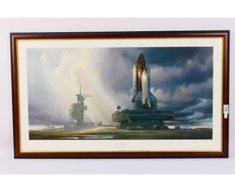 A pencil signed print by Atilla Hejja, entitled Cape Winds, depicting a crawler-transporter moving a space shuttle to the lau