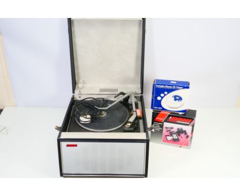 A Hacker GP15 portable record player, fitted with Garrard turntable, a boxed portable stereo CD player and other. [3]. [W]