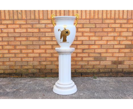 A GAC Stoke On Trent Greek style twin handled urn and pedestal with gilt decoration, approximately 108 cm (h) overall. [2]. [