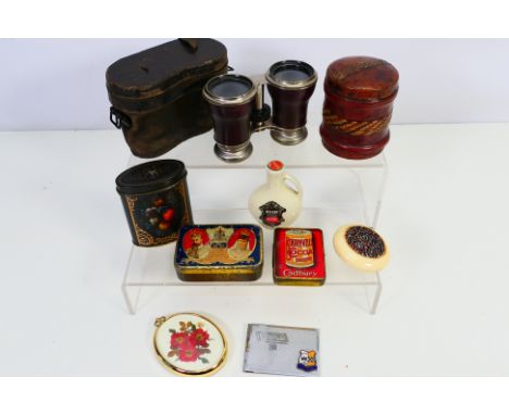 Lot to include a pair of Le Jockey Club, Paris binoculars, vintage tines including a Bournville Cocoa vesta tin, tape measure