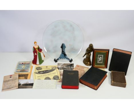 A mixed lot to include replica Titanic related ephemera, a brass budgerigar study, Franklin Porcelain figure depicting Isabel
