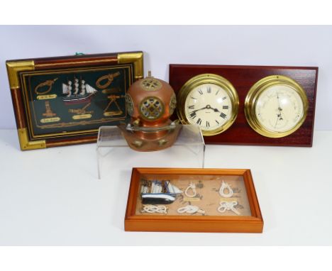 Lot to include two framed displays of knots, small model of a diver's helmet and a Nauticalia clock and barometer mounted to 