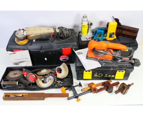 Lot to include a long handle angle grinder, bottle jack, various hand tools, Black & Becker power sander KA310. [3]. [W]
