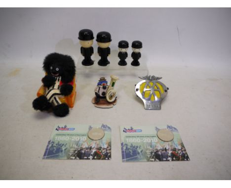 A Mixed lot of collectables to include: A metal AA membership badge, Hompride Fred salt and pepper shakers with damage. A Gol