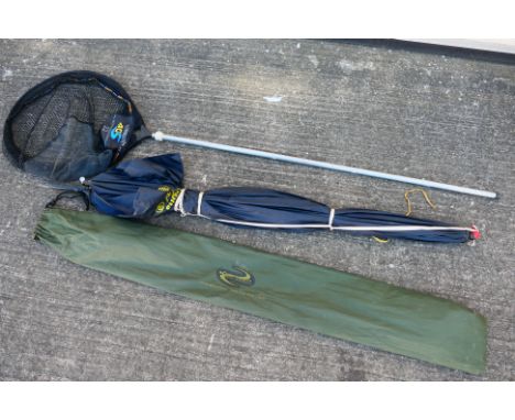 Lot to include a Middy 4GS Match Speed Spoon, a Korum Tactical Angling Products Fibre Shield bag and an Edgeey Sport Umbrella