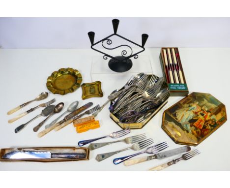 Mixed metalware to include various flatware, brass and other. [W]