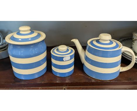 A T. G. Green blue &amp; white banded Cornishware tea pot; two ditto storage jars; &amp; fourteen various items of Portmeirio