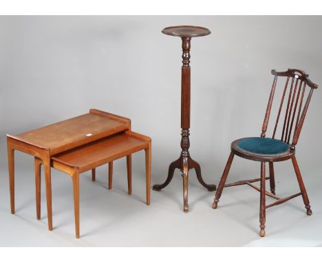 A teak nest of two rectangular occasional tables; together with a mahogany jardinière stand; &amp; a comb-back occasional cha