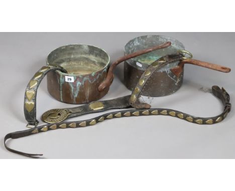 Two vintage copper saucepans, each with an iron side handle, &amp; various loose brasses.