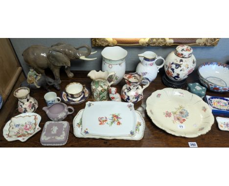 A Coalport bone china “Caughley Mask-Head Jug”; three Mason’s ironstone jugs; &amp; various other items of decorative china &