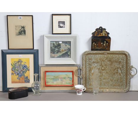 Five decorative pictures; an oriental lacquer work trinket box &amp; letter-rack; a brass engraved rectangular two-handled tr