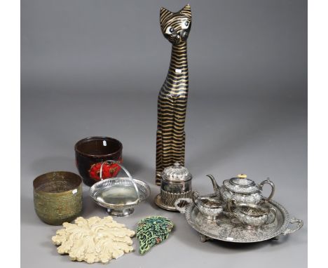 An embossed silver-plated three-piece tea service of oval form; together with various other items of plated ware; &amp; vario