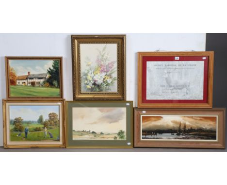 A French hunting diploma, dated 2000, 30.5cm x 44.5cm, in a glazed frame, &amp; various decorative pictures.
