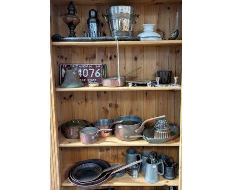 Three vintage French graduated copper saucepans,&nbsp;a copper jelly mould, various other items of metalware &amp; plated war