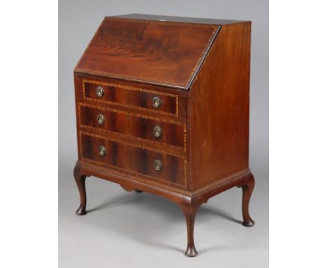 An Edwardian inlaid-mahogany bureau on short cabriole legs &amp; pad feet, 76cm wide x 102cm high x 46cm deep; a Lloyd loom b