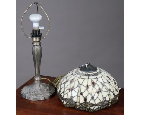 A Tiffany-style table lamp on bronzed metal base &amp; with a leaded stained&nbsp;glass shade, 50cm high (lacking securing bo