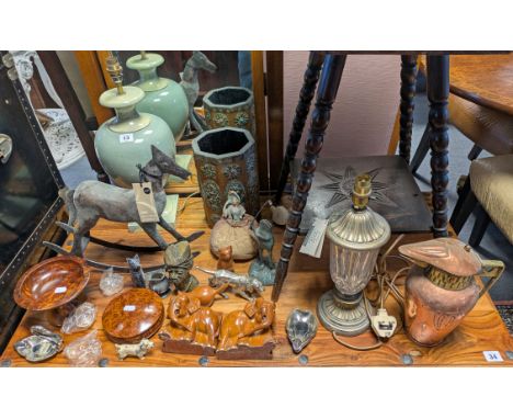 A celadon glazed pottery table lamp base, with shade; a pair of carved treen elephant book ends; &amp; sundry other items.