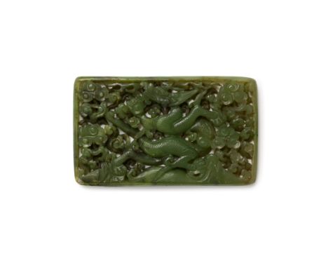 An unusual Chinese spinach jade Ming-style reticulated 'dragon' plaqueQing dynasty, 18th/19th centuryThe rectangular plaque c