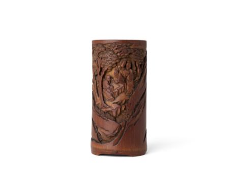 A small Chinese deeply-carved bamboo 'scholars' brush pot, bitongQing dynasty, 18th centuryFinely carved in high relief with 