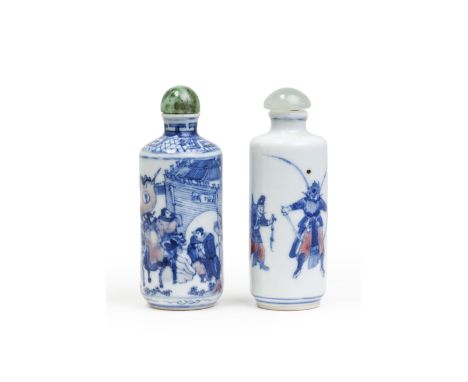 Two Chinese underglaze blue and underglaze red 'warriors' snuff bottlesQing dynasty, 19th centuryThe first painted with victo