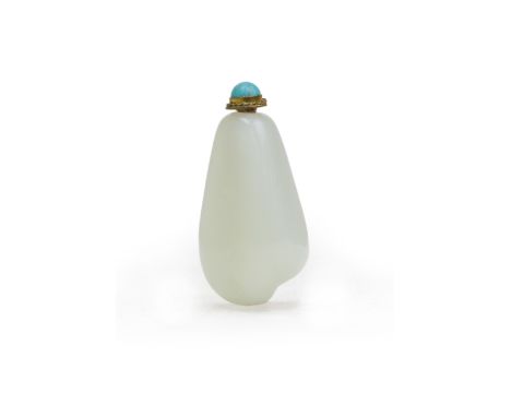 A Chinese white jade pebble-form snuff bottleQing dynasty, 19th centuryCarved from a pale, even stone, gilt metal and turquoi