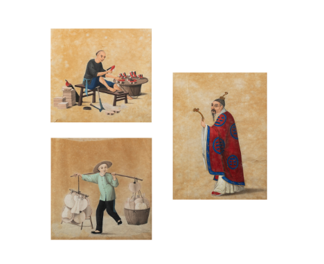 Chinese Guangdong (Canton) Export School, 19th century'Character studies'Gouache on paper, comprising the portrait of a fan p