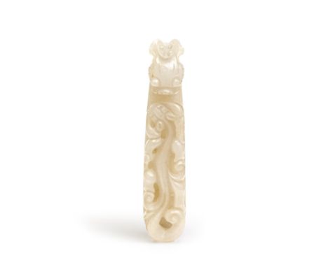 A Chinese jade dragon belt hookQing dynasty, 18th centuryCarved with horned dragon head confronting a chilong to the shaft, t