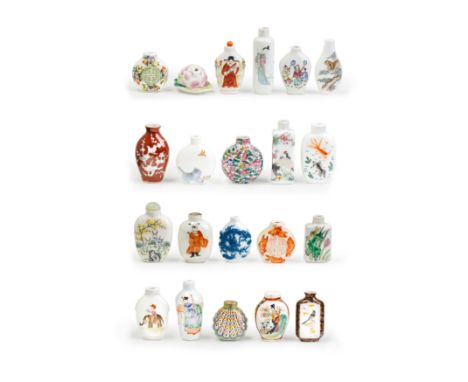 Twenty-one Chinese porcelain snuff bottles19th and 20th century, one with apocryphal Qianlong markComprising thirteen famille