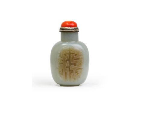 A Chinese pale green and mushroom jade 'chilong' snuff bottleQing dynasty, 19th centuryThe well-hollowed bottle carved from a