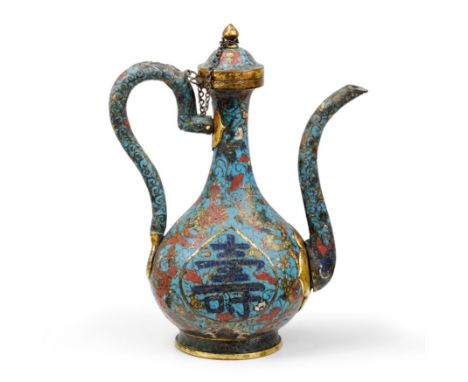 A Chinese cloisonné-enamel 'Shou' pear-shaped wine ewer and coverMing dynasty, 16th/17th centuryFinely enamelled on either si