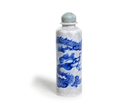 A Chinese blue and white on crackle-ground 'dragon' snuff bottleQing dynasty, Daoguang mark and periodThe cylindrical body fi