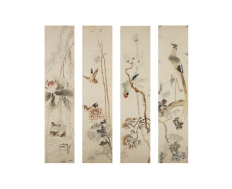 A set of silk embroideries of the four seasonsLate Qing dynastyFour pale cream silk panels embroidered in muted tones of beig
