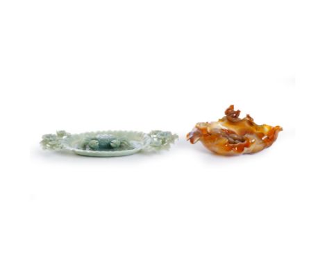 A Chinese green jade 'crab' dish and an agate 'frogs and lotus' bowl20th centuryThe first of petalled elongated shape, with r