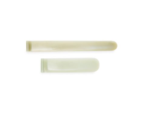 Two Chinese green jade hair ornamentsRepublic period/20th centuryEach thinly carved in a flattened rectangular shape terminat
