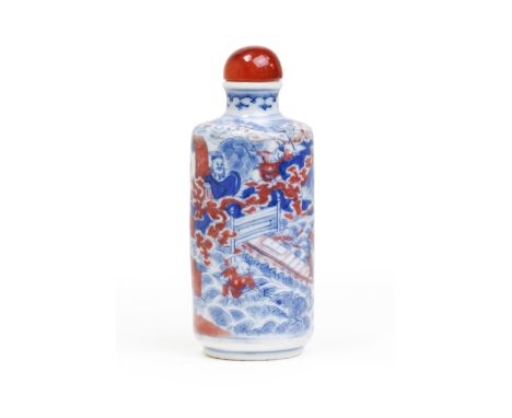 A Chinese underglaze red and blue and white 'narrative scene' snuff bottleQing dynasty, 19th centuryPainted in cobalt blue an