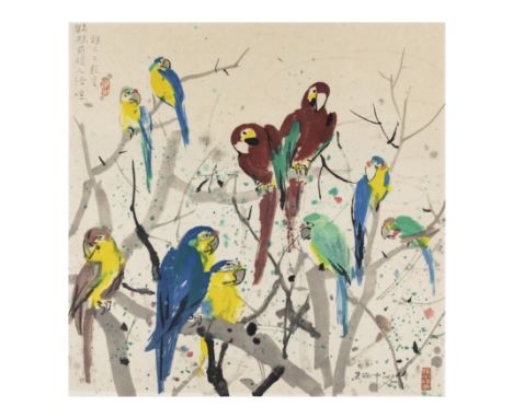 Wu Guanzhong (1919 - 2010)'Parrots (II)', dated 1990Artist-signed collotype print on rice paper, signed Wu Guanzhong in Chine