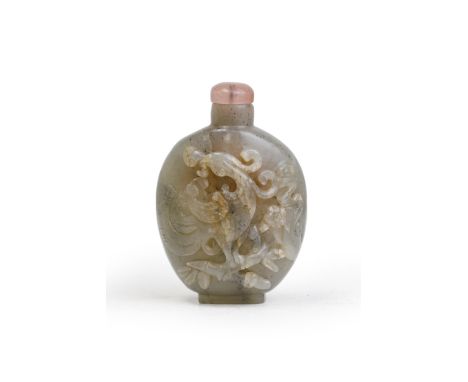 A Chinese grey jade 'phoenix' snuff bottleQing dynasty, 18th/19th centuryVery well-hollowed, carved from a semi-translucent, 