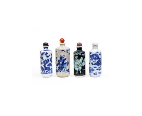 Four Chinese cylindrical snuff bottlesQing dynasty, 19th/20th century Comprising: a blue and white 'dragon' bottle, 7.8cm hig