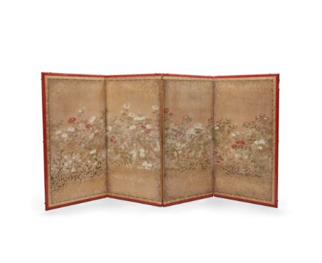 A large Japanese Rinpa school painted floral four-panel screen19th centuryPainted with ink and colour on paper depicting chry