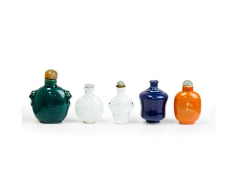 Five Chinese monochrome-glazed snuff bottlesEarly-late Qing dynastyComprising: two moulded qingbai-glazed bottles, 5.5cm high