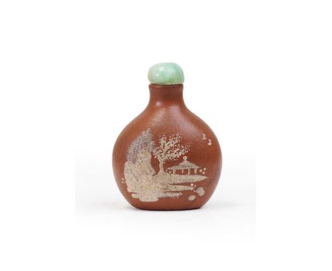 A Chinese Yixing zisha and duanni pear-shaped snuff bottleLate Qing dynasty, apocryphal Qianlong markThe pear-shaped body for