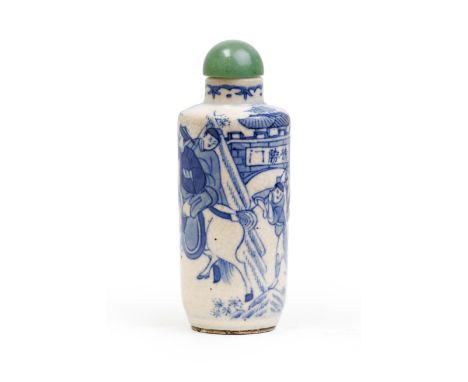 A Chinese blue and white 'battle' soft-paste porcelain snuff bottleQing dynasty, 18th/19th centuryFinely painted under the cr