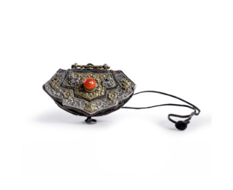 A fine Tibetan parcel-gilt silver leather pouch18th/19th centuryThe cover mounted with a large coral bead to the centre of a 