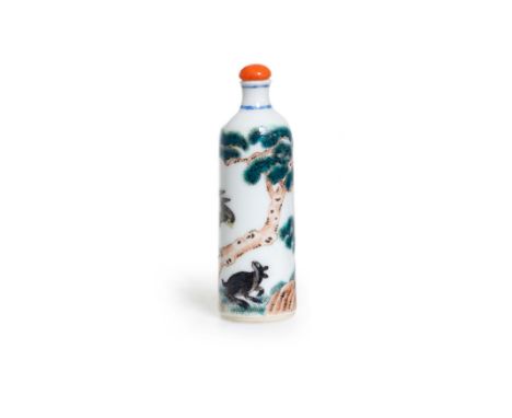 A Chinese enamelled 'badger and eagle' snuff bottleLate Qing dynasty, Lu shanzi daoren zhi markThe bottle finely enamelled wi