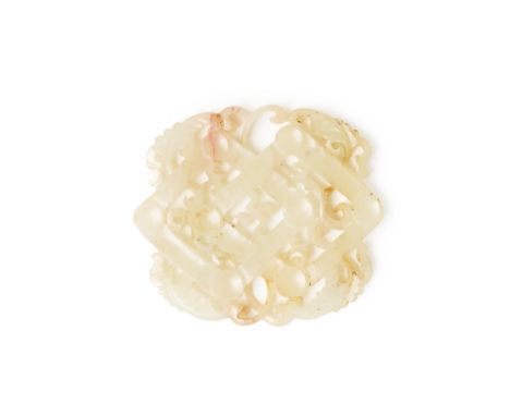A Chinese white jade carved and pierced 'double-lozenge' carvingQing dynastyCarved and pierced with a central 'wan' symbol an